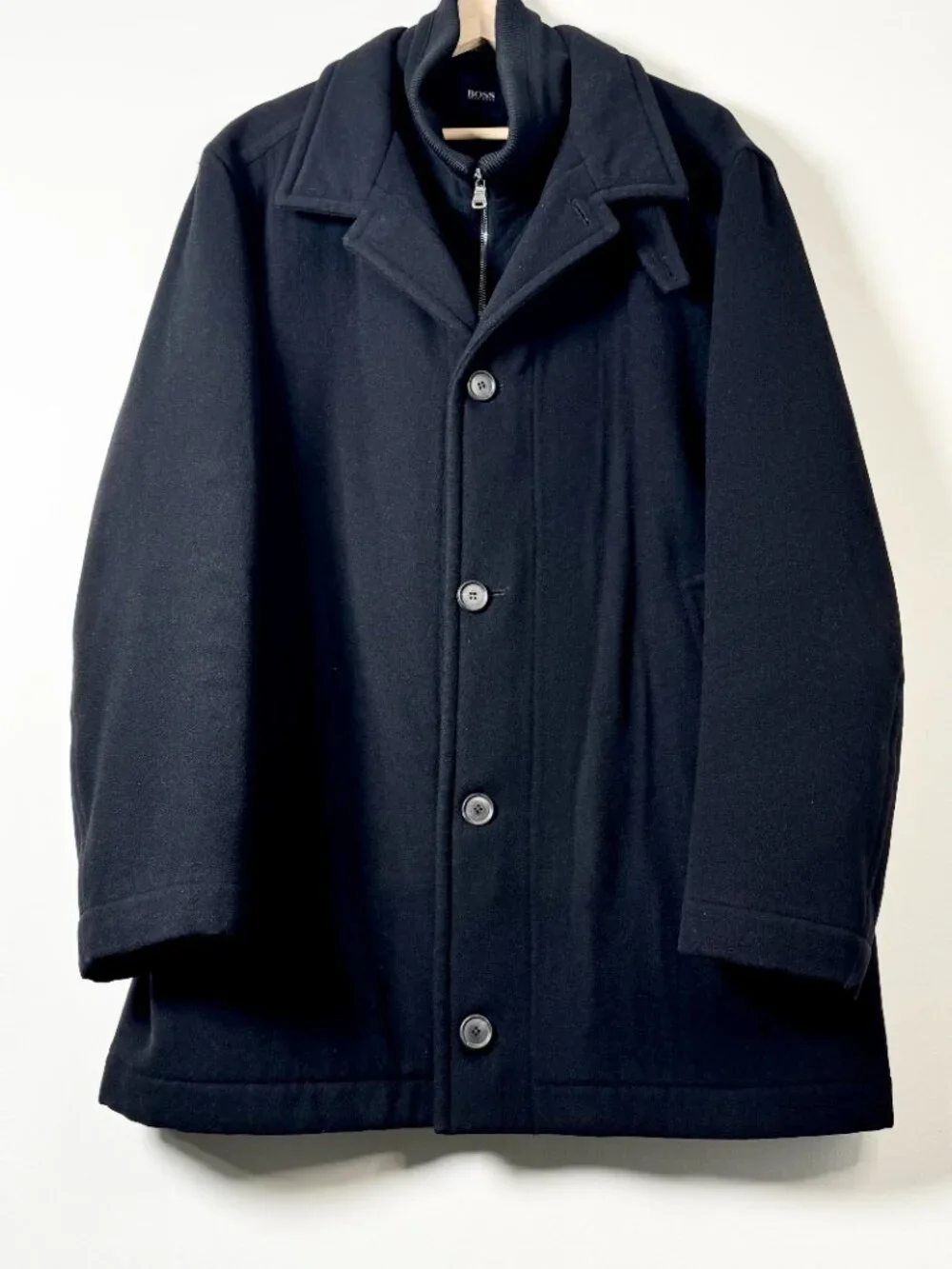 Hugo Boss Men's Coxtan Wool Cashmere Blend Black Coat with Knit Collar Sz L